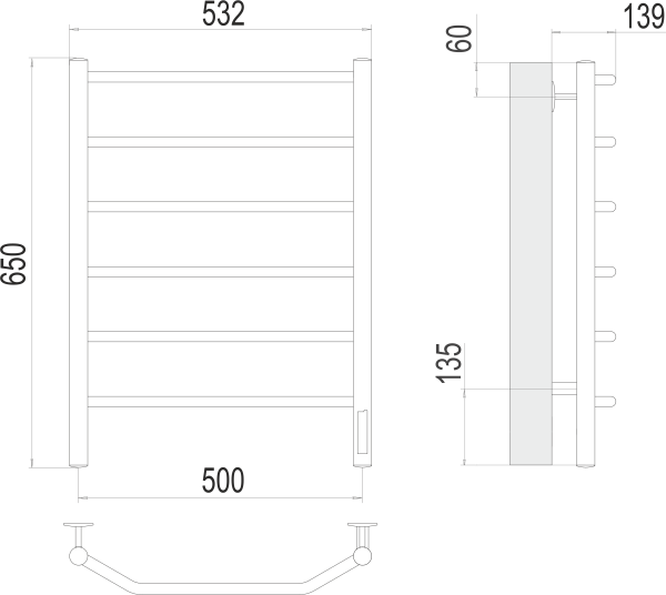 Полотенцесушитель с/т TERMINUS Электро Виктория П6 500х650 (quick touch) NEW* - фото и схемы подключения
