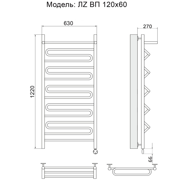 Полотенцесушитель Электрич. Ника ЛZ ВП 120/60 правый тэн - фото и схемы подключения