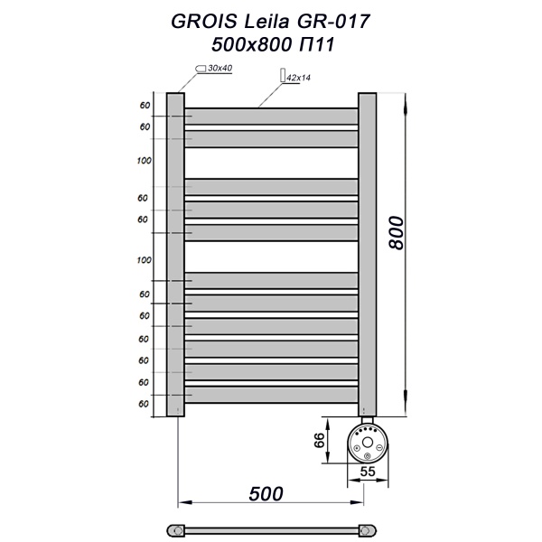 Полотенцесушитель GROIS Leila GR-017 500х800 П11 (2+3+6) RAL9005 ПТЭН черный матовый