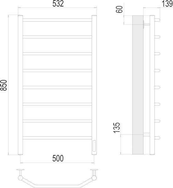 Полотенцесушитель с/т TERMINUS Электро Виктория П8 500х850 (quick touch) NEW* - фото и схемы подключения
