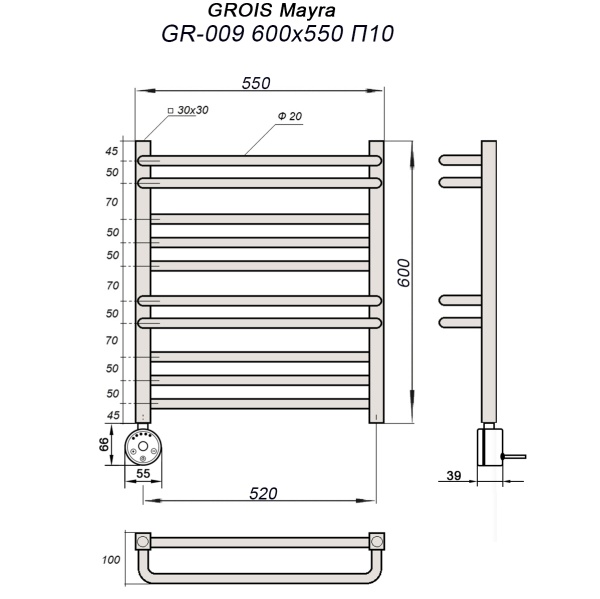 Полотенцесушитель GROIS Mayra GR-009 500х600 П10 (2+3+2+3) RAL9005 ЛТЭН черный матовый