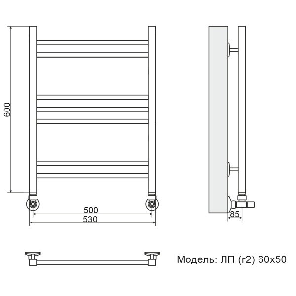 Фото Полотенцесушитель Ника CLASSIC ЛП (Г2) 60/50 RAL9005 черный матовый с вентилями (комплект люкс)*