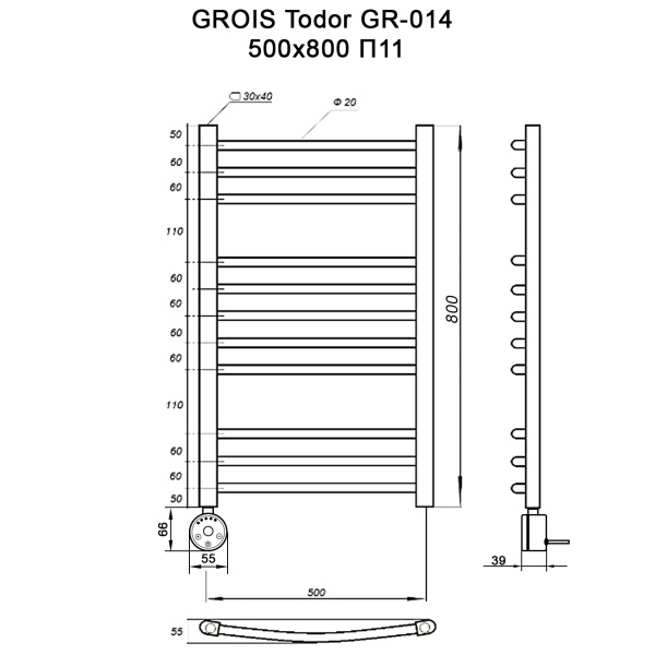 Полотенцесушитель GROIS Todor GR-014 500х800 П11 (3+5+3) RAL9005 ЛТЭН черный матовый