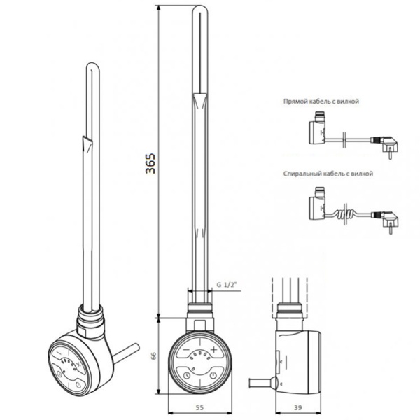 Электрический ТЭН Мег 1.0 600W RAL9016 белый, кабель спиральный с вилкой купить оптом по выгодной цене в Москве