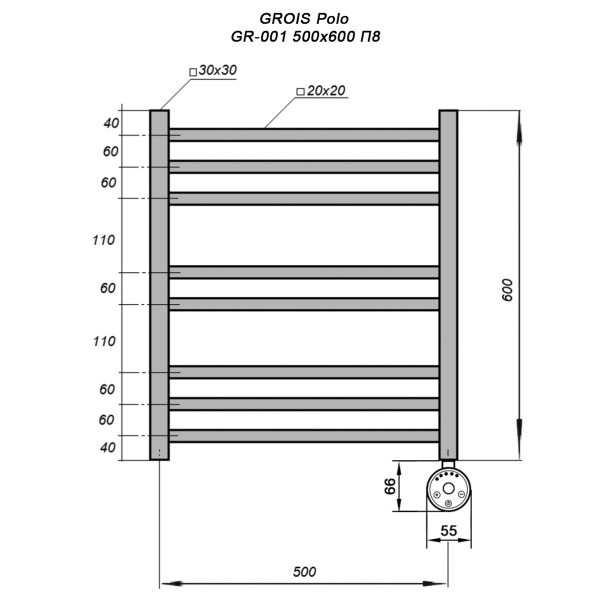 Полотенцесушитель GROIS Polo GR-001 500х600 П8 (3+2+3) RAL9005 ПТЭН черный матовый
