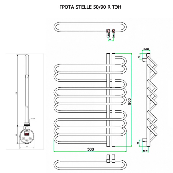 Полотенцесушитель ГРОТА STELLE 50/90 R ТЭН хром