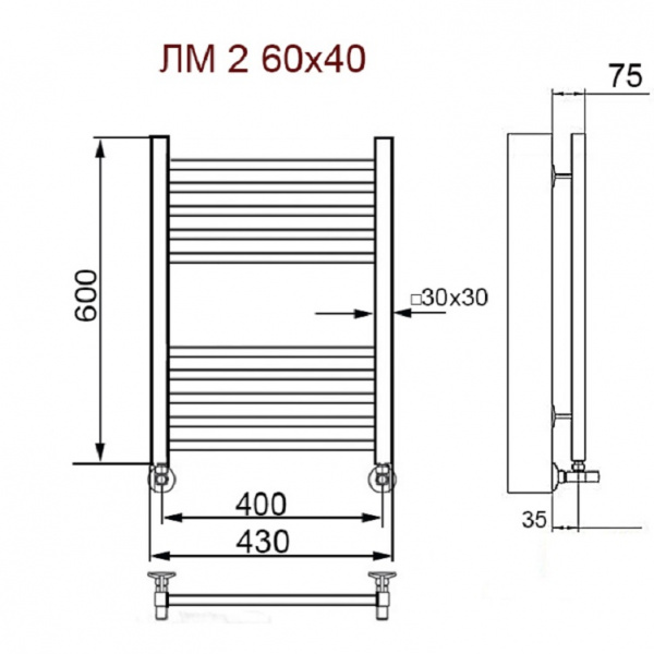 Фото Полотенцесушитель Ника ЛМ-2 60/40 с вентилями (комплект люкс)*