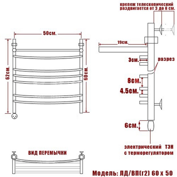Полотенцесушитель Электрич. Ника ЛД (Г2) ВП 60/50 левый тэн - фото и схемы подключения