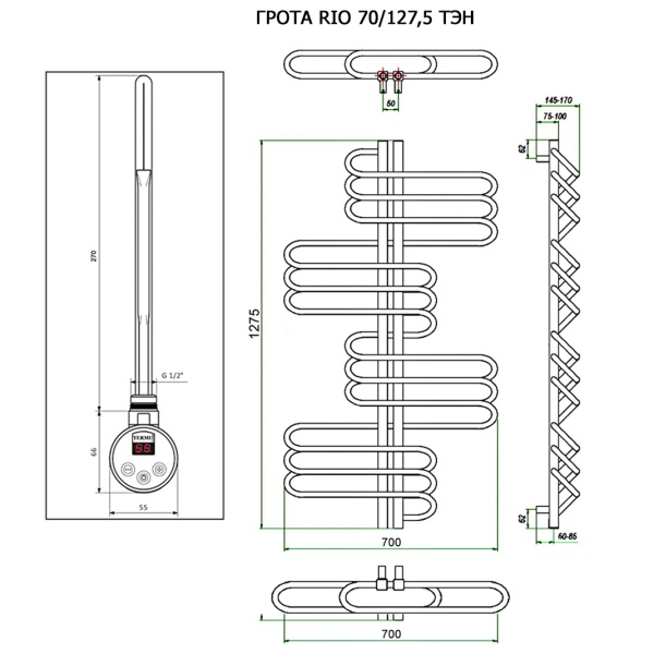 Полотенцесушитель ГРОТА RIO 70/127,5 ТЭН хром