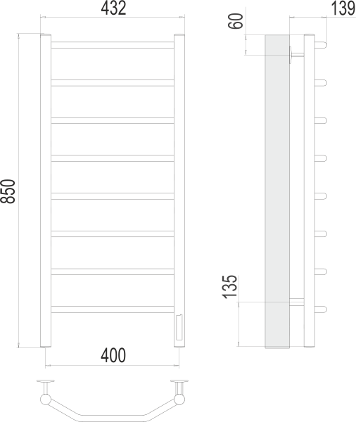 Полотенцесушитель с/т TERMINUS Электро Виктория П8 400х850 (quick touch) NEW* - фото и схемы подключения