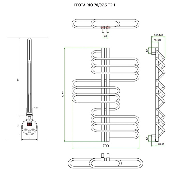 Полотенцесушитель ГРОТА RIO 70/97,5 ТЭН хром