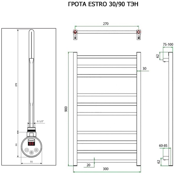 Полотенцесушитель ГРОТА ESTRO 30/90 ТЭН хром