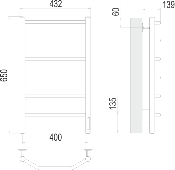Полотенцесушитель с/т TERMINUS Электро Виктория П6 400х650 (quick touch) NEW* - фото и схемы подключения