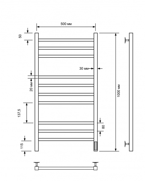 Полотенцесушитель электрический с/т Comfysan Пиоли-К (Pioli-K) EC-10 100/50, белый - фото и схемы подключения