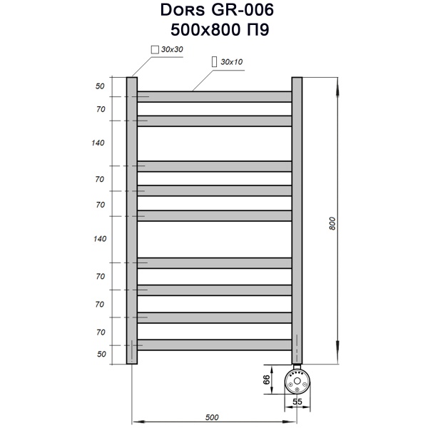 Полотенцесушитель GROIS Dors GR-006 500х800 П9 (2+3+4) RAL9005 ПТЭН черный матовый