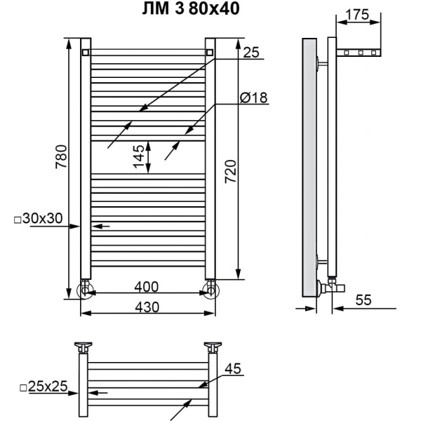 Фото Полотенцесушитель Ника ЛМ-3 80/40 с вентилями (комплект люкс)*