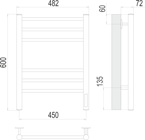 Полотенцесушитель с/т Terminus Электро КС Аврора П6 450/600 (3+3)(new встр диммер) 9005 черный матов - фото и схемы подключения