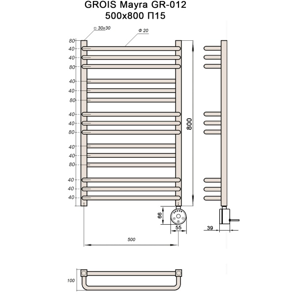 Полотенцесушитель GROIS Mayra GR-012 500х800 П15 (3+3+3+3+3) RAL9005 ПТЭН черный матовый