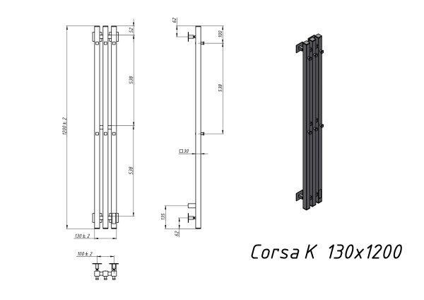 Полотенцесушитель электрический Grota Corsa K 130х1200 черный - фото и схемы подключения