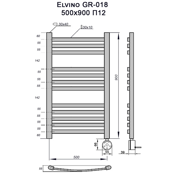 Полотенцесушитель GROIS Elvino GR-018 500х900 П12 (3+4+5) RAL9003 ПТЭН белый матовый