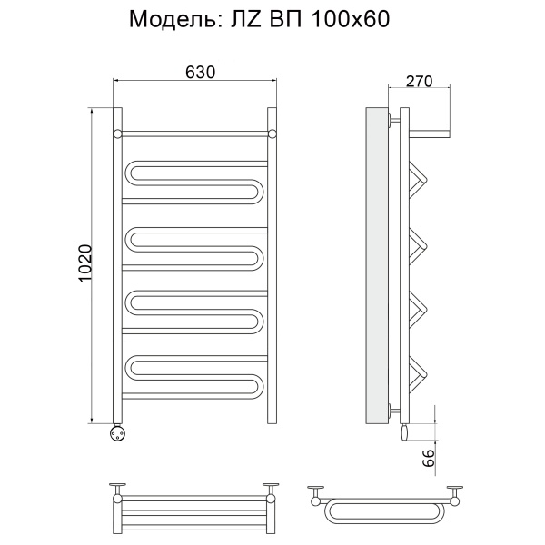 Полотенцесушитель Электрич. Ника ЛZ ВП 100/60 левый тэн - фото и схемы подключения