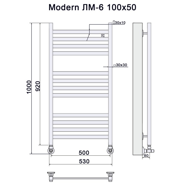 Фото Полотенцесушитель Ника ЛМ-6 100/50 Мат. Античное серебро с вентилями (комплект люкс) УЦ