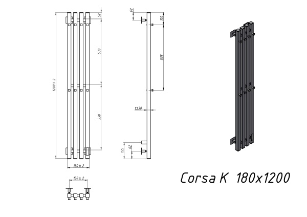 Полотенцесушитель электрический Grota Corsa K 180х1200 хром матовый - фото и схемы подключения