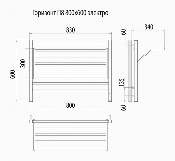 Полотенцесушитель с/т TERMINUS Электро Горизонт П8 800х600 (sensor quick touch) - фото и схемы подключения