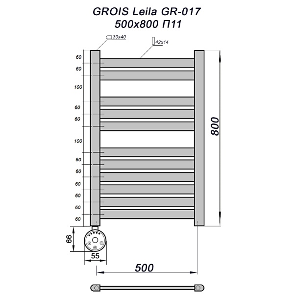 Полотенцесушитель GROIS Leila GR-017 500х800 П11 (2+3+6) RAL9005 ЛТЭН черный матовый