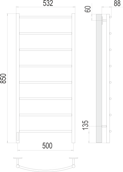 Полотенцесушитель с/т TERMINUS Электро Классик П8 500х850 (quick touch) слева NEW - фото и схемы подключения