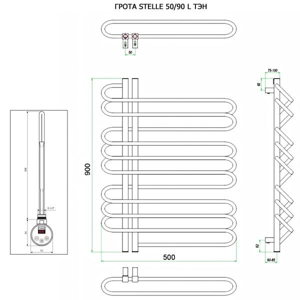 Полотенцесушитель ГРОТА STELLE 50/90 L ТЭН хром