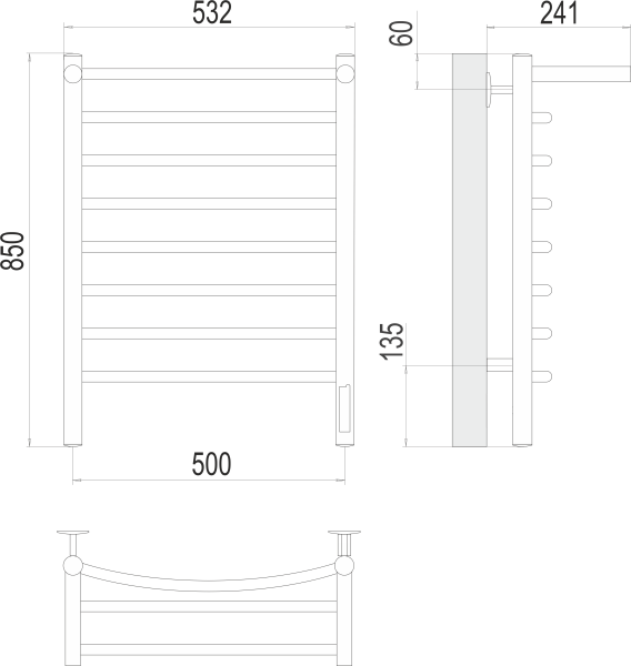 Полотенцесушитель с/т TERMINUS Электро Классик с/п П8 500х850 (quick touch) NEW - фото и схемы подключения
